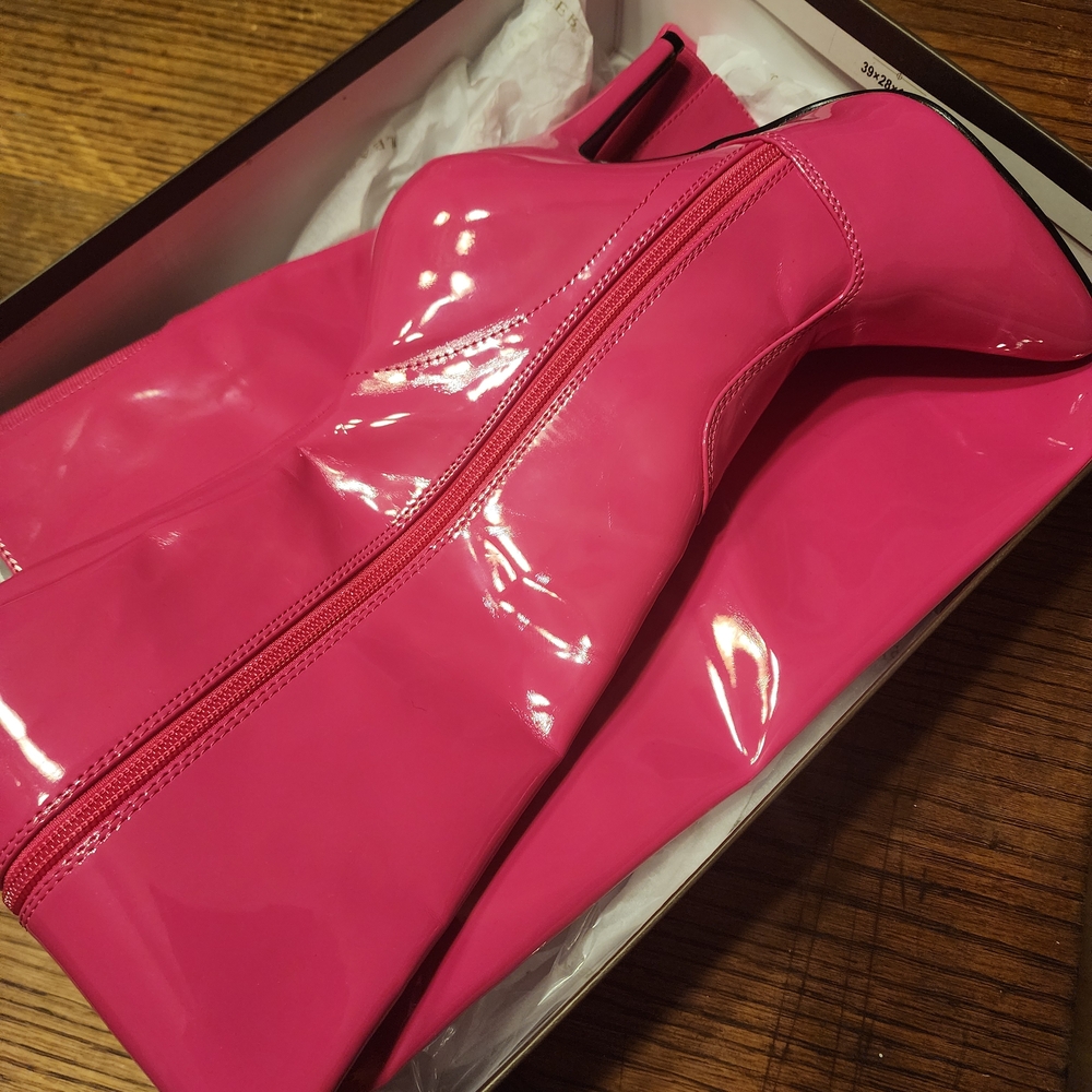 Pleaser Pink Heeled Boots with Glossy Finish